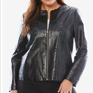 Jessica London Outerwear Leather Jacket Size 28W Black Laser Cut Out Full Zip